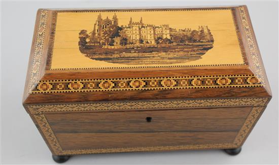 A Victorian rosewood Tunbridge ware tea caddy, 8.25in.